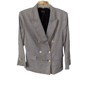 Donna Karan Jacket Women M Black Ivory Blazer Double Breasted Houndstooth Pocket